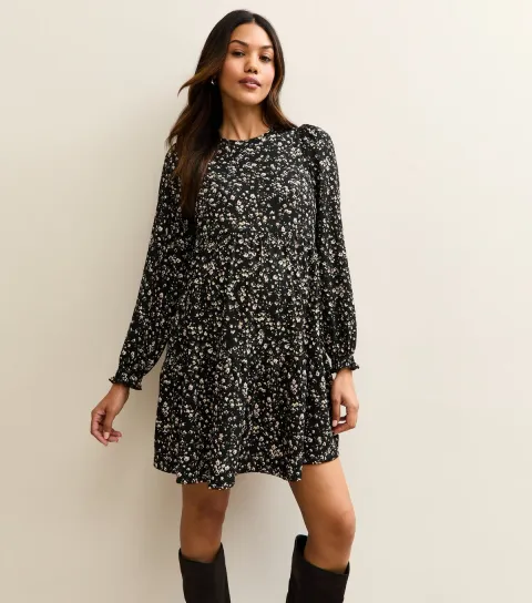 Women's Maternity Black Ditsy Smock Tiered Mini Dress
