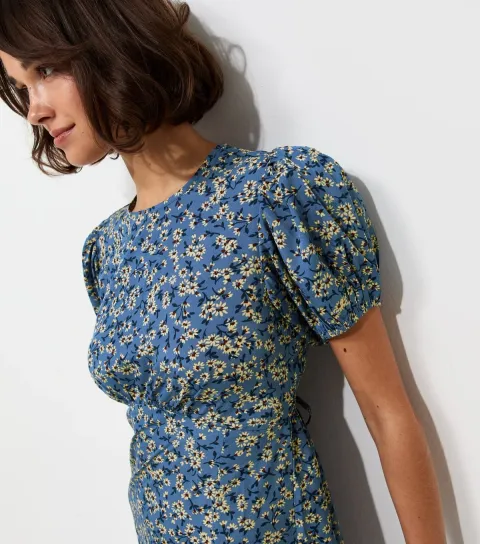Women's Blue Ditsy Floral Puff Sleeve Split Midi Dress