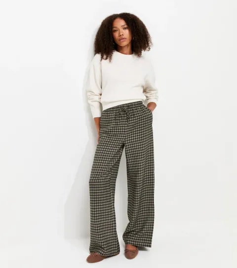Women's Blue Check Pattern Wide Leg Trousers