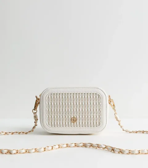White Faux Leather Woven Chain Crossbody Bag Vegan