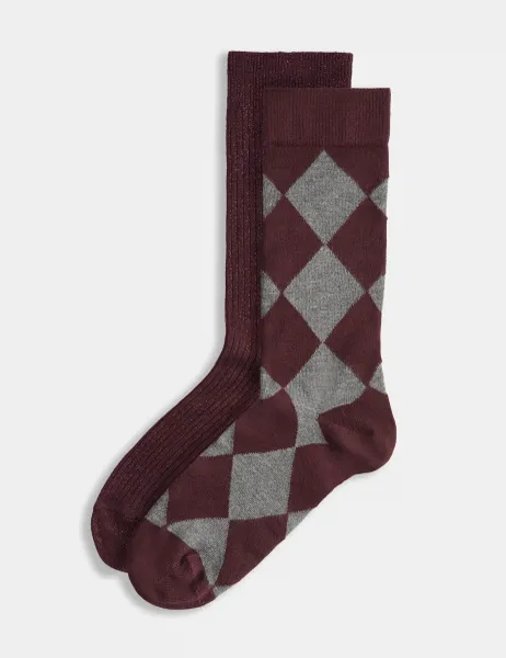 Marks & Spencer 2 Pack Rayon Rich Sparkle Crew Socks Burgundy Mix