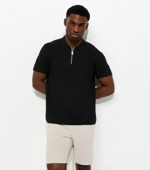 Men's Black Regular Knit Quarter Zip Polo Shirt