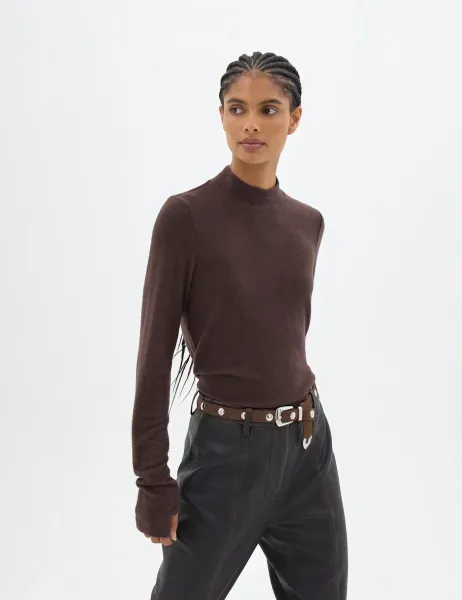 HUSH Roll Neck Supersoft Long Sleeve Top Dark Brown