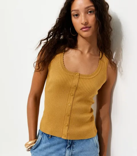 Women's Dark Yellow Ribbed Knit Scoop Neck Button Front Vest Top