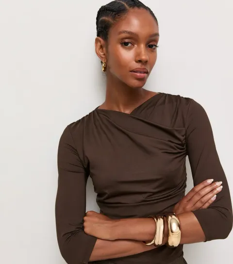 Women's Dark Brown Jersey Cropped Sleeve Wrap Neck Top
