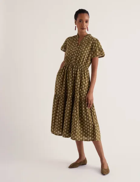 Seasalt Cornwall Pure Cotton Floral Notch Neck Tiered Dress Green Mix