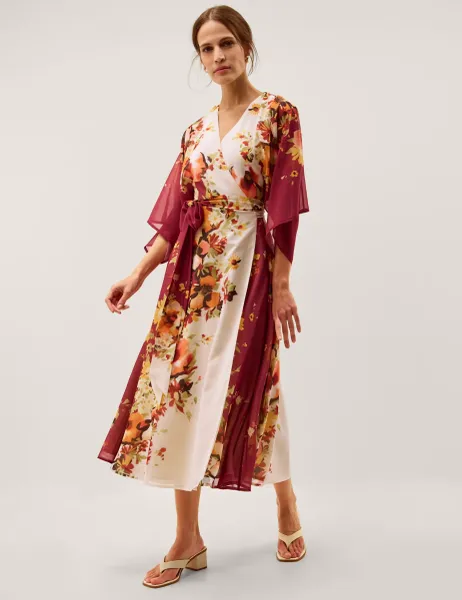 Monsoon Floral V-Neck Angel Sleeve Midi Wrap Dress Cream Mix