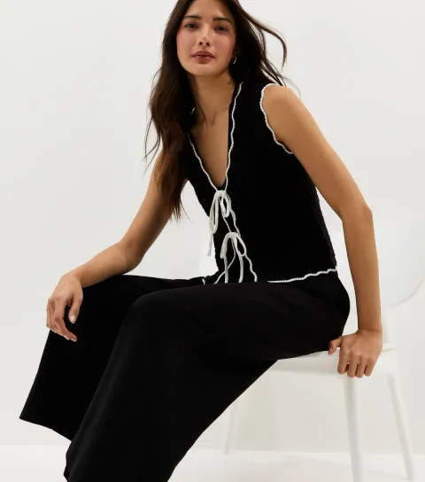 Women's Black Cotton Rich Contrast Stitchy Knit Tie Waistcoat