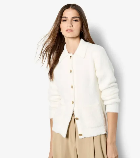 Women's White Fluffy Hammered Button Cardigan