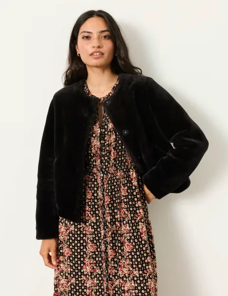 FatFace Faux Fur Textured Cropped Jacket Black