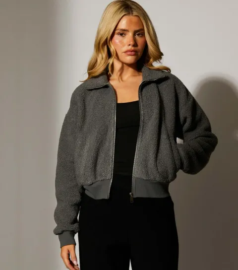 Women's Grey Fleece Back Faux Shearling Zip Front Crop Jacket