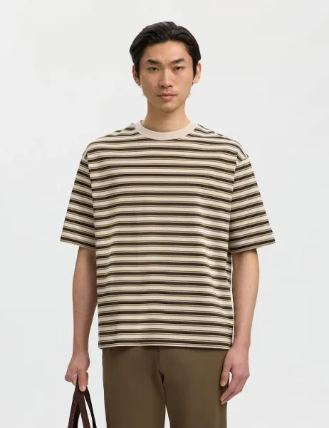 Selected Pure Cotton Jersey Striped Crew Neck T-Shirt Beige