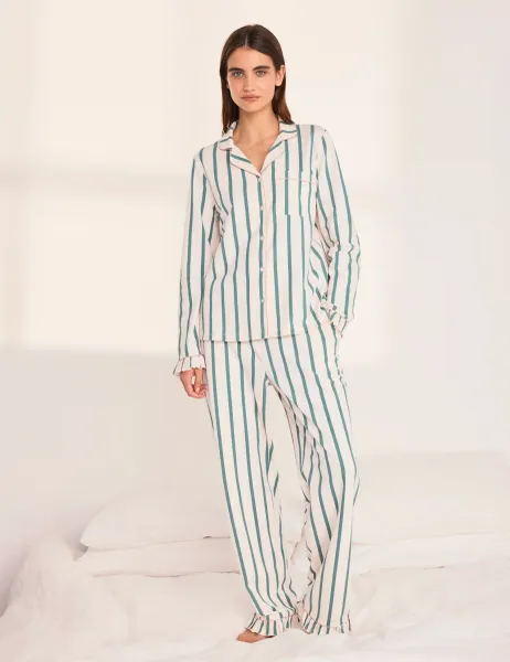 Chelsea Peers Cotton Rich Striped Ruffle Edge Pyjama Set Green