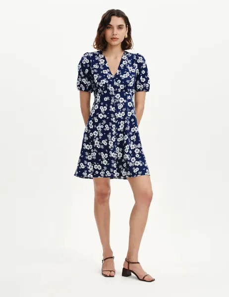 Finery London Floral V-Neck Mini Tea Dress Navy Mix