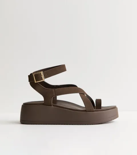 Women's Brown Faux Suede Strappy Flatform Sandals Vegan