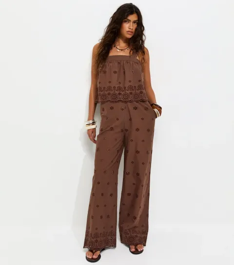 Women's Brown Cotton Broderie Wide Leg Trousers