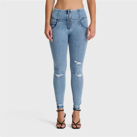Freddy WRUP SNUG Distressed Jeans - High Waisted - Full Length - Light Blue + Blue Stitching