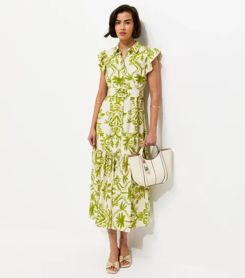 Women's Green Lotus Print Belted Midi Shirt Dress