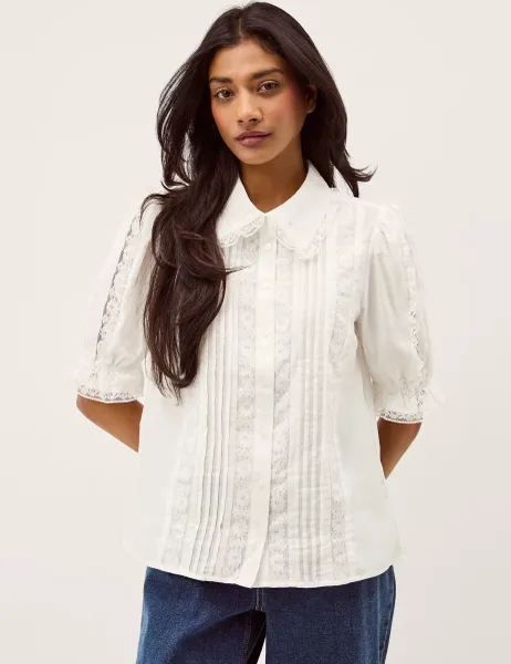 Monsoon Pure Cotton Lace Insert Puff Sleeve Shirt White