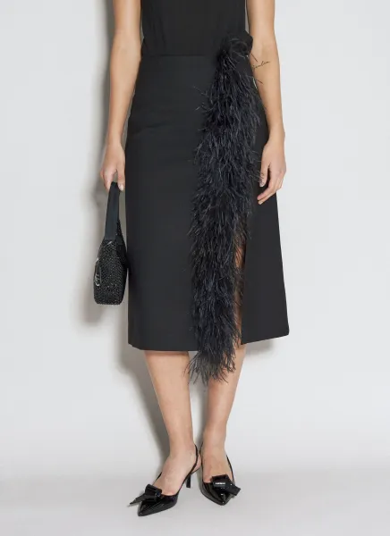 Feather-Trimmed Wool Midi Skirt