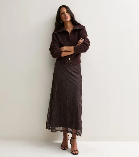 New Look Women's Dark Brown Floral Lace Midi Skirt
