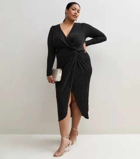 New Look Women's Plus Size Black Shimmer Wrap Midi Dress Curves