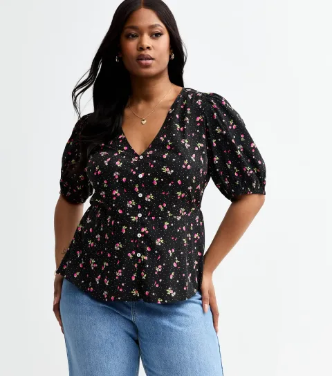 New Look Women's Plus Size Black Strawberry Floral Print Crepe Tea Blouse Curves