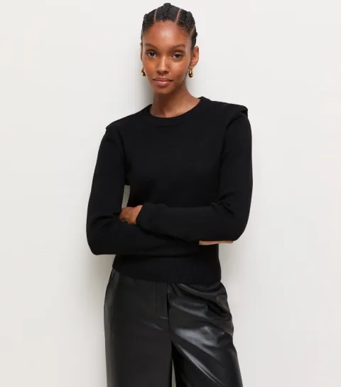 Women's Black Lightweight Knit Shoulder Pad Jumper