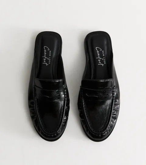 Women's Black Faux Leather Backless Penny Loafers Vegan