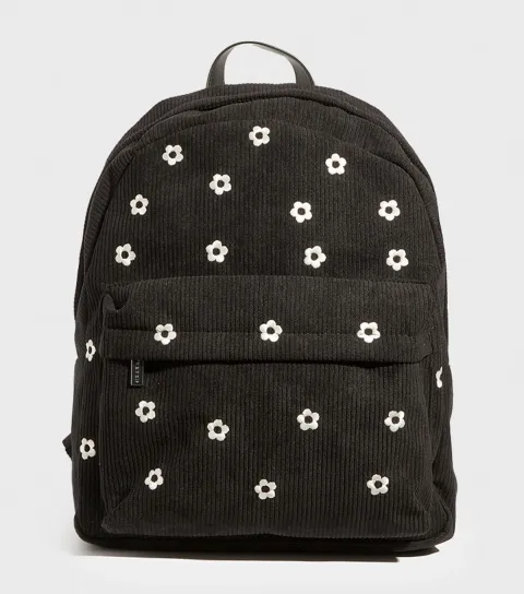 Black Floral Embroidered Corduroy Backpack