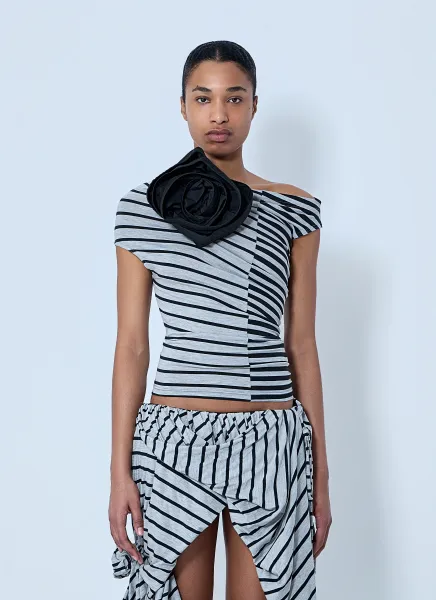 Asymmetrical Striped Top with Floral Appliqué