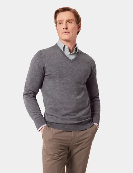 Hawes & Curtis Pure Merino Wool V-Neck Jumper Grey