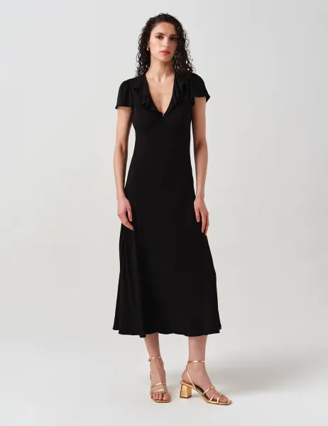 Ghost Crepe Frill V-Neck Midi Tea Dress Black