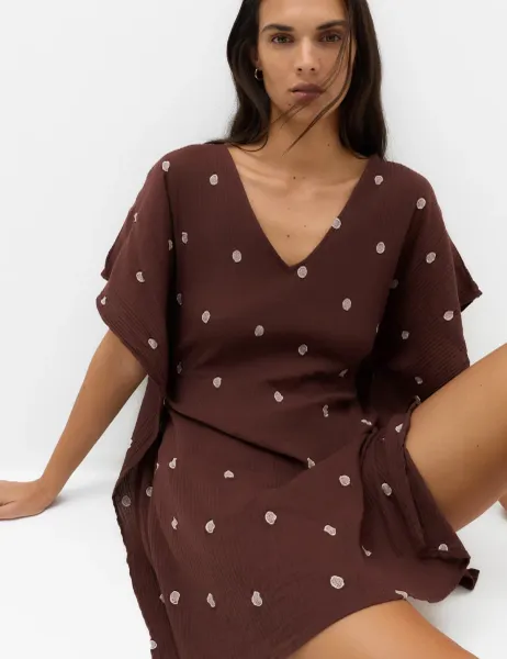 Marks & Spencer Pure Cotton Polka Dot Beach Cover Up Kaftan Brown Mix