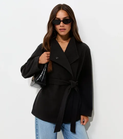 New Look Women's Petite Dark Mink Belted High Collar Jacket