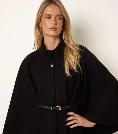 Blue Vanilla Women's Black Funnel Neck Belted Cape