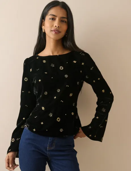 Nobody's Child X Elizabeth Scarlett Embroidered Slash Neck Flute Sleeve Blouse