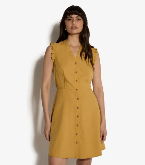 Women's Dark Yellow Ruffle Trim Button Mini Dress