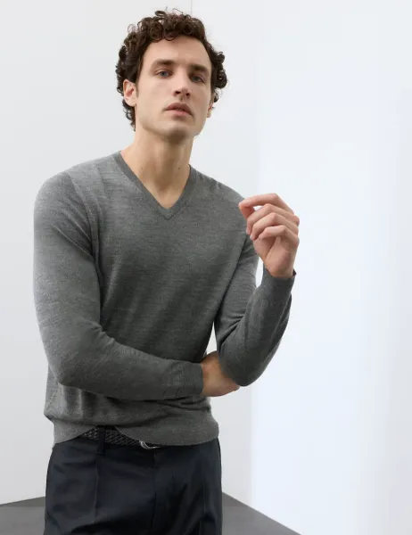 Autograph Pure Extra Fine Merino Wool V-Neck Jumper Medium Grey