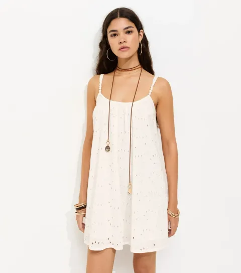Women's White Broderie Embroidered Beaded Strap Smock Mini Dress