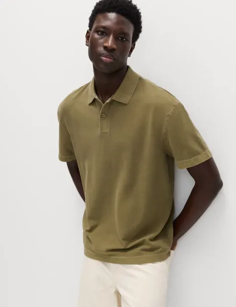 Marks & Spencer Pure Cotton Garment Dyed Polo Shirt Olive