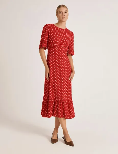 Finery London Polka Dot Round Neck Midi Tea Dress Red Mix