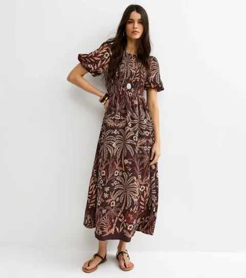 Women's Brown Palm Tree Print Puff Sleeve Midi Dress