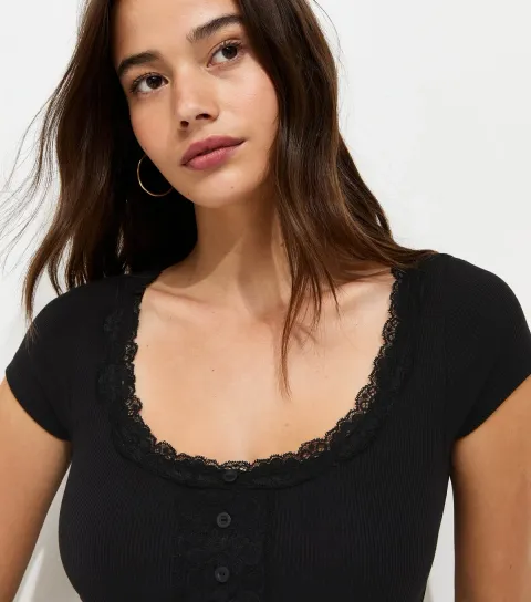 New Look Women's Black Cotton Rich Rib Lace Trim Henley T-Shirt