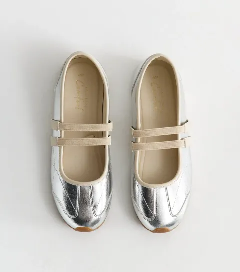 New Look Women's Silver Faux Leather Mary Jane Sneakerina Ballet Trainers Vegan