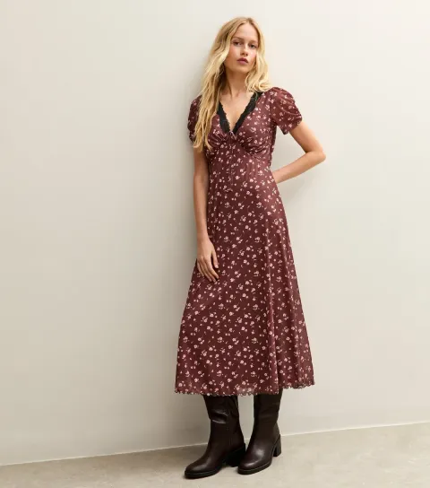 New Look Women's Brown Floral Print Lace Trimmed Midi Dress