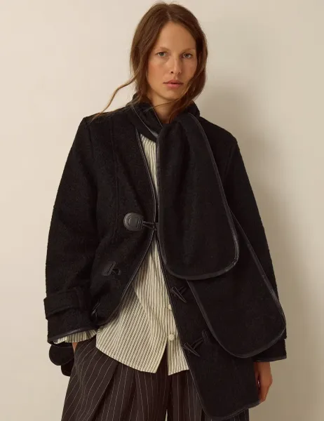 Monsoon Boucle Lined V Neck Duffle Coat Black