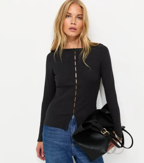 Women's Black Cotton Rich Button Through Long Sleeve Top