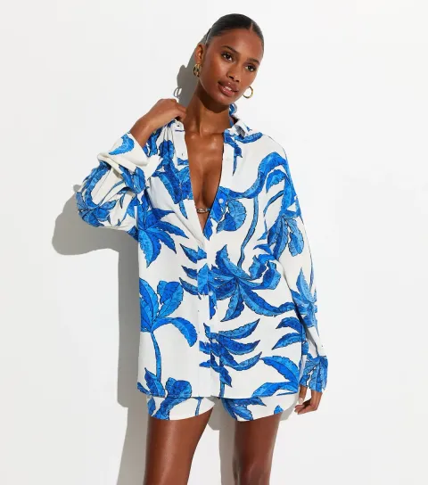 Women's Blue Palm Tree Print Shirt