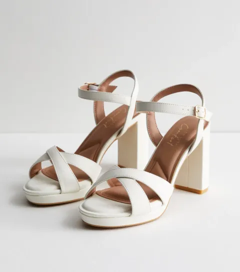 Women's White Cross Over Platform Block Heel Sandals
